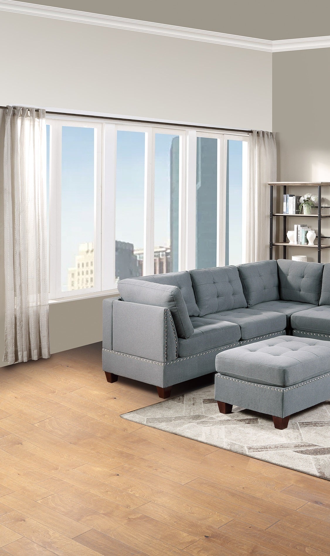 Eleni Modular Sectional 9pc Set 3x Corner Wedge 4x Armless Chairs and 2x Ottomans - Gray