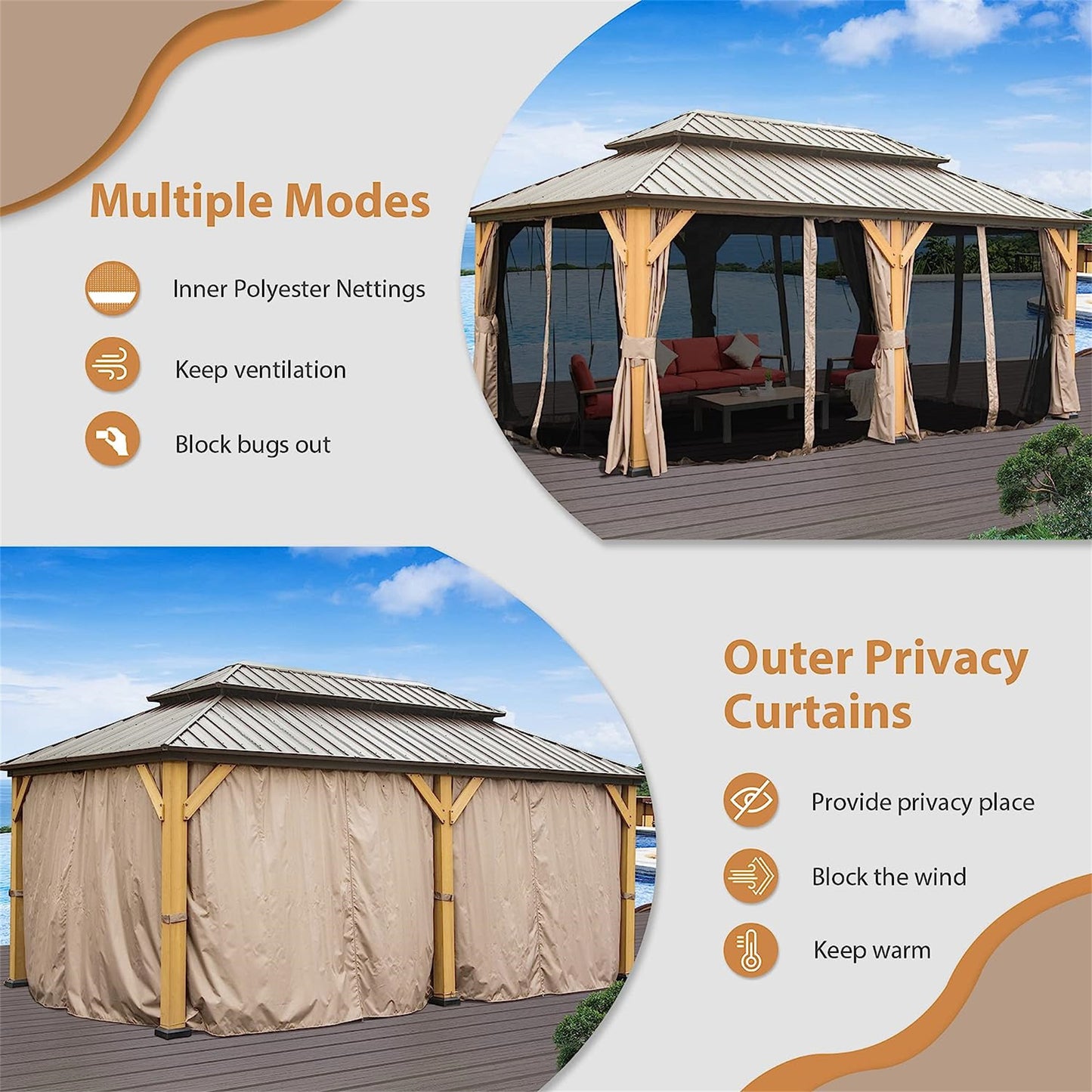 Shana 12 X 20 ft Hardtop Gazebo Outdoor Cedar Wood Frame  - Brown