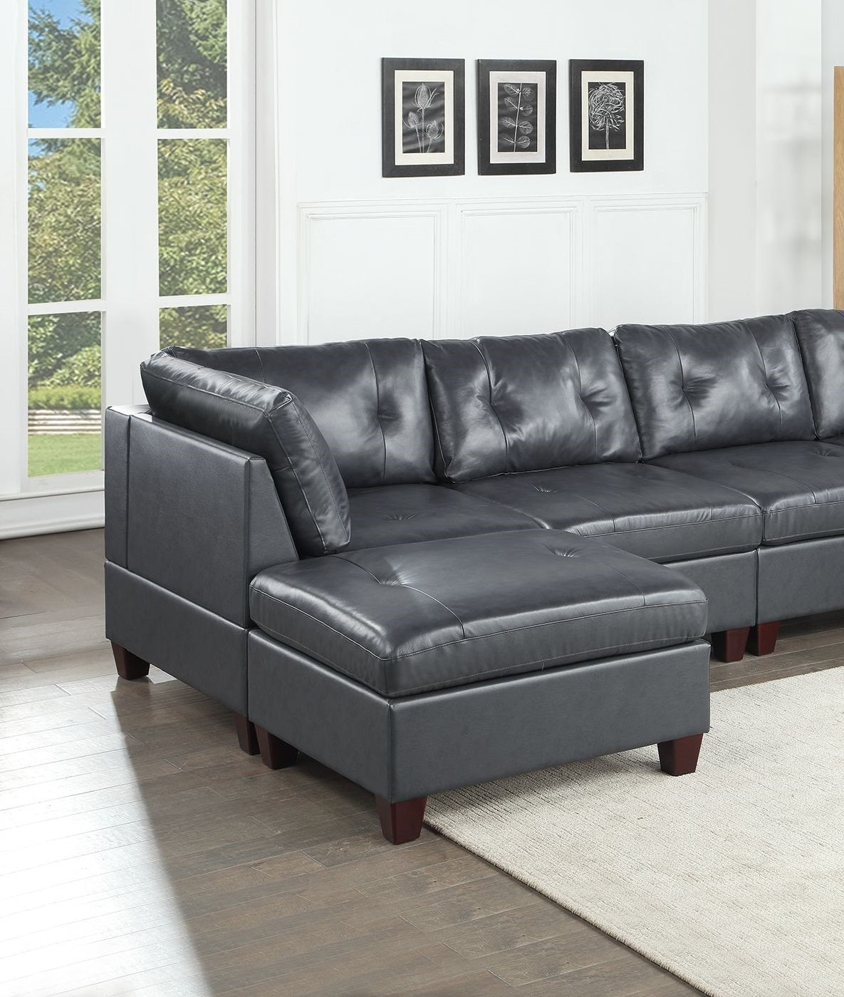 Nia Genuine Leather Tufted 6pc Sectional Set 2x Corner Wedge 2x Armless Chair 2x Ottomans - Black