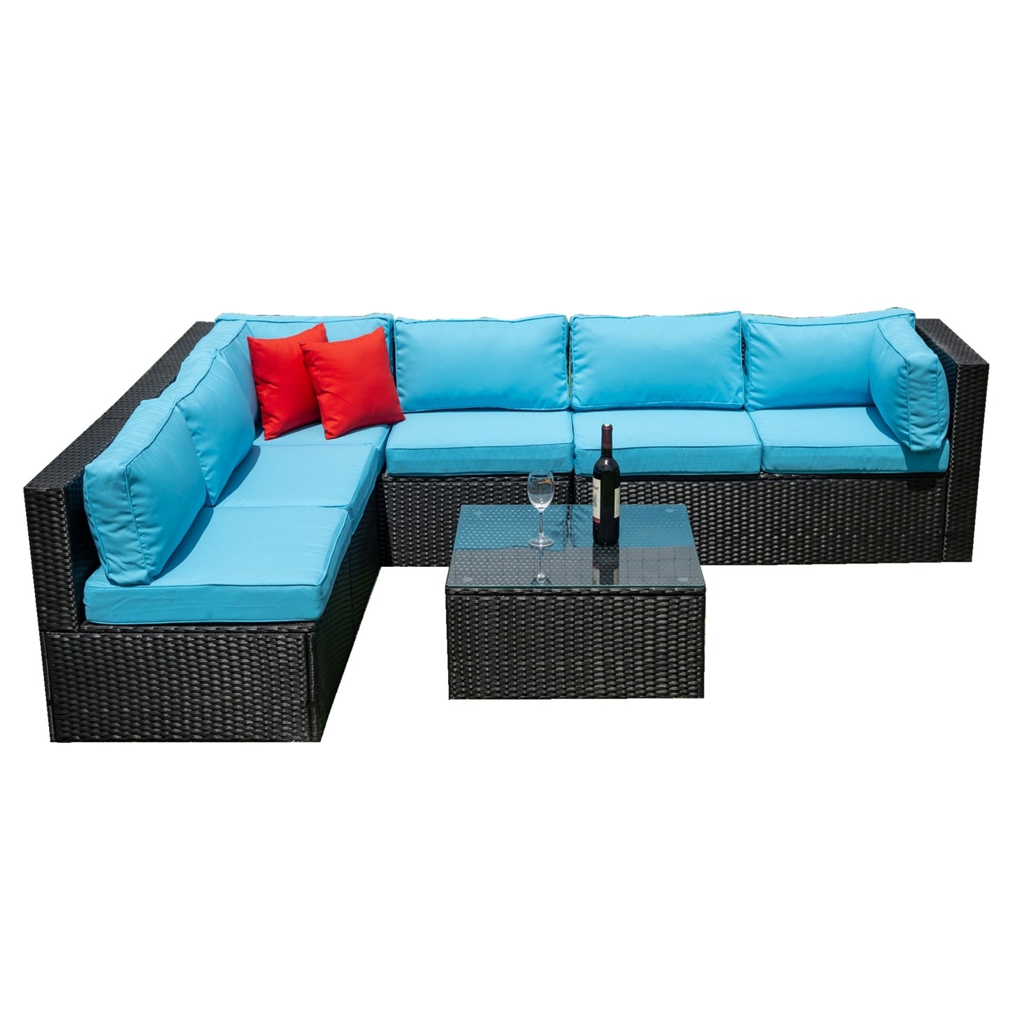 Russo 5 Pc Outdoor Patio Rattan Sectional Sofa Set - Black+Blue