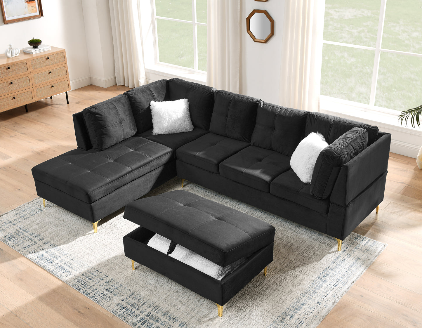 Lenavo Velvet Sectional Sofa - Black