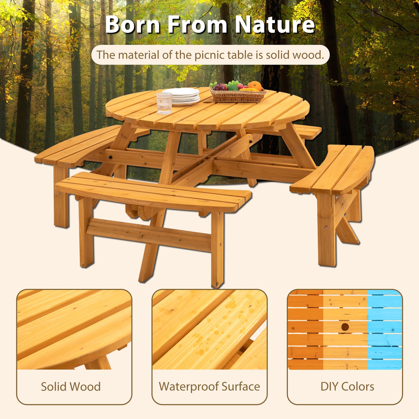 Nix 8-Person Circular Outdoor Wooden Picnic Table - Natural