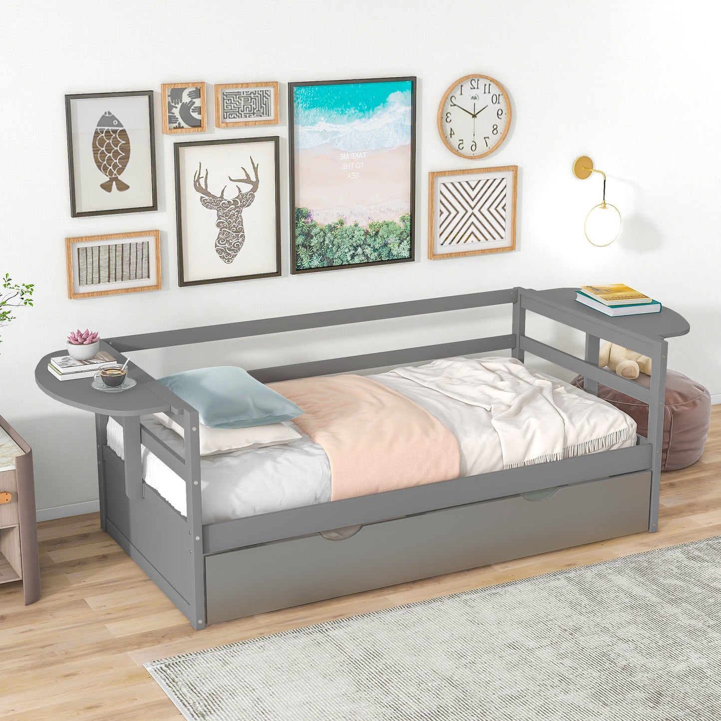 Tumo Twin Size Daybed with Trundle and Foldable Shelves - Gray