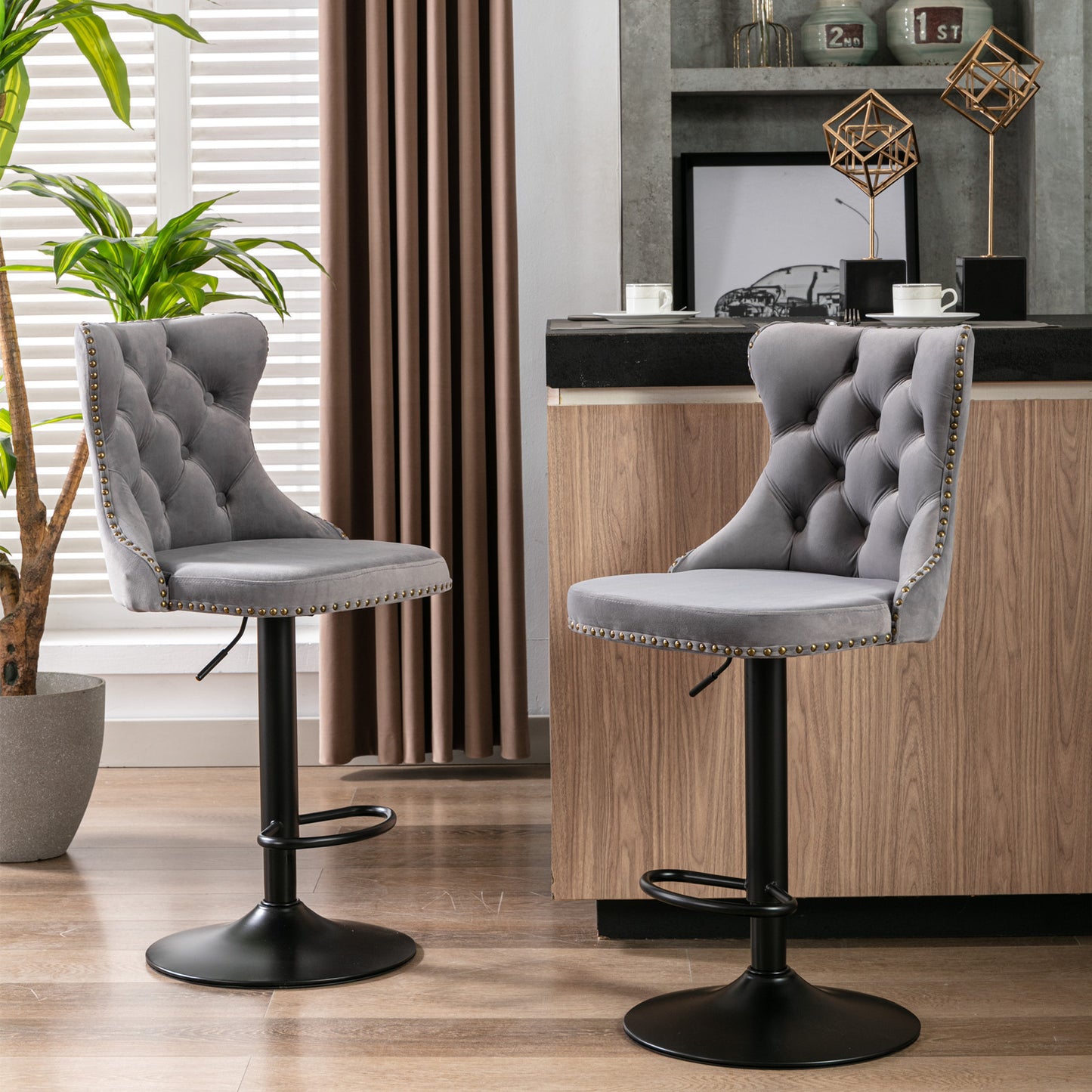 Rise 180 Velvet Barstools Adjusatble Seat Height - Gray Set of 2