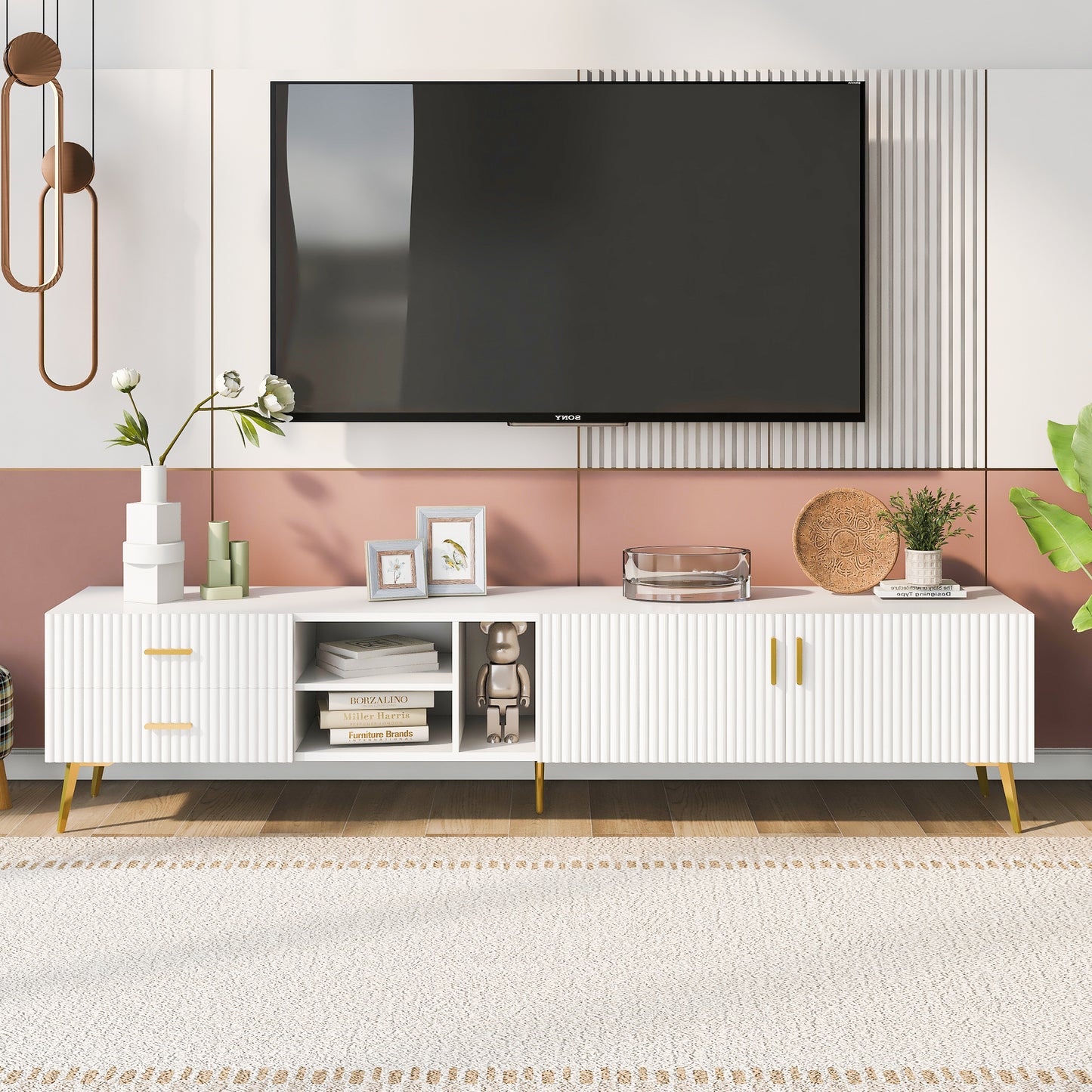 Eden II Stylish TV Stand with 5 Champagne Legs - White