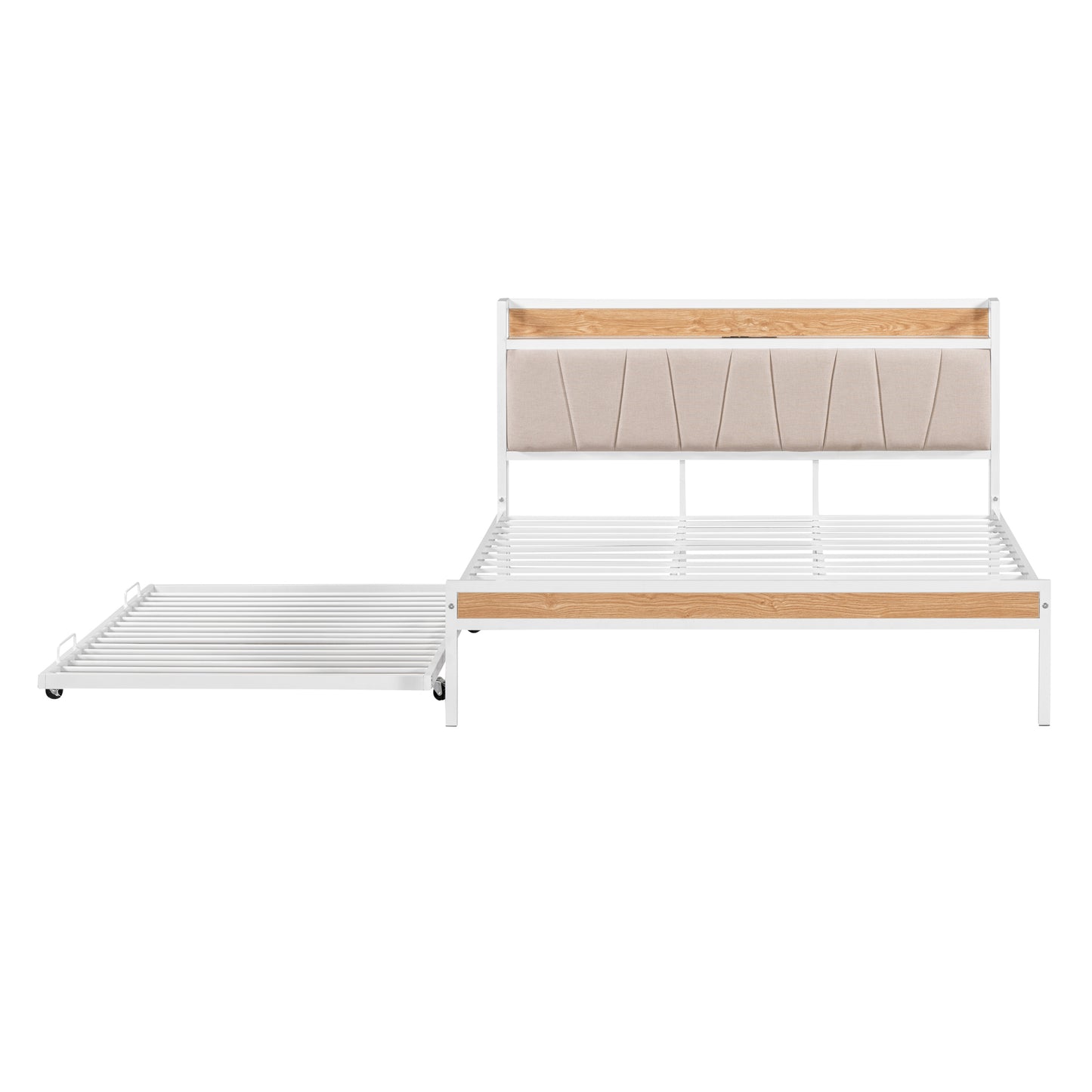 Quest Queen Size Metal Platform Bed Frame with Trundle - White