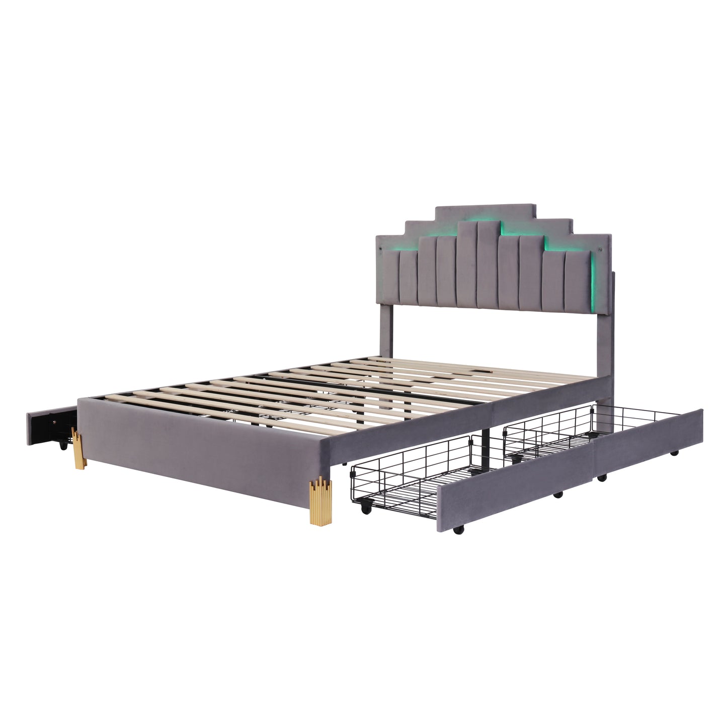 Neco Queen Size Platform Bed with LED and 4 Drawers - Gray