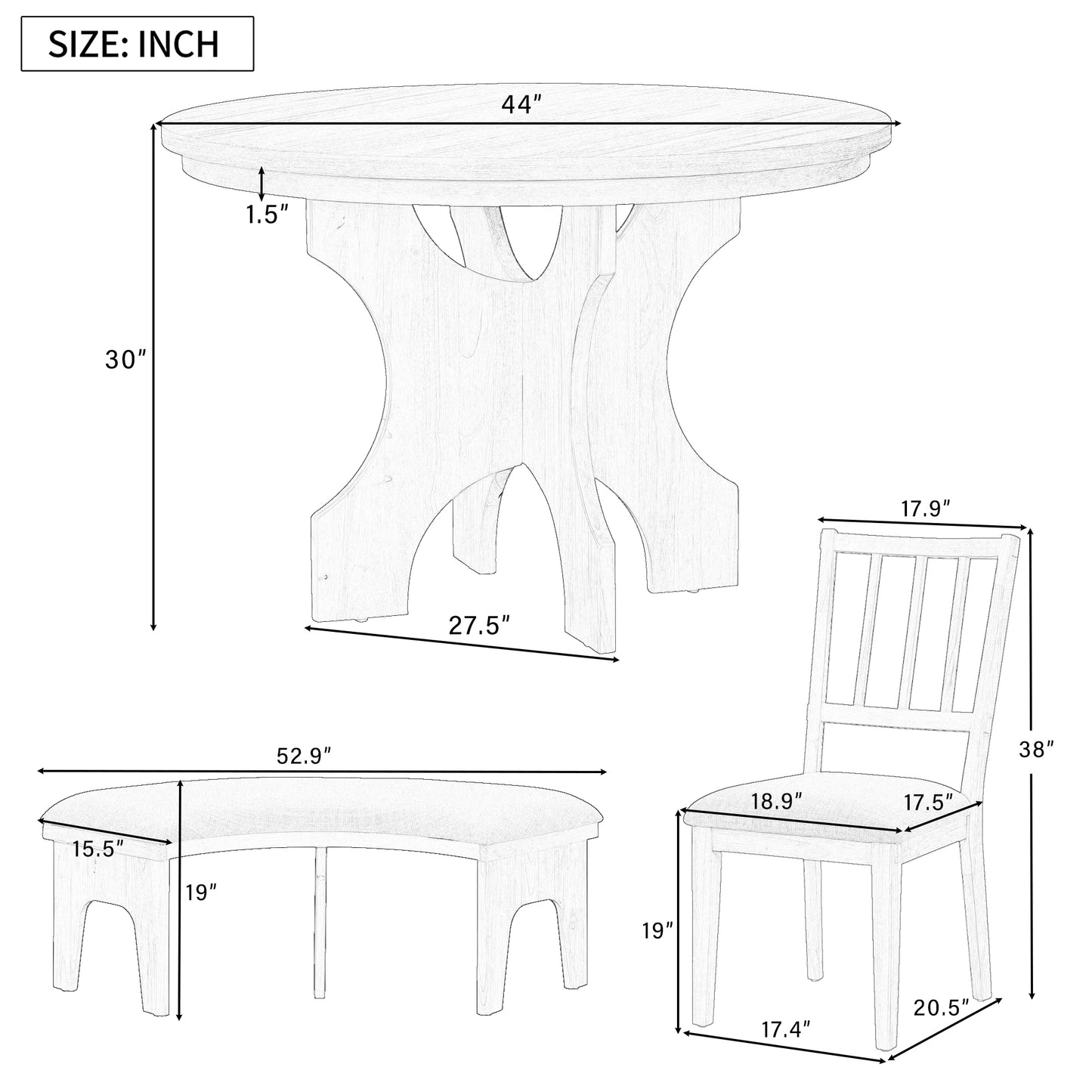 Todd 5pc Dining Set Round Table 4x Side Chairs - Natural