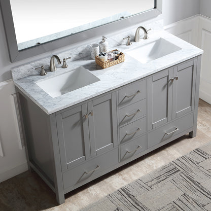 60" Double Bathroom Vanity in Grey with Carrara Marble Top with White Basin