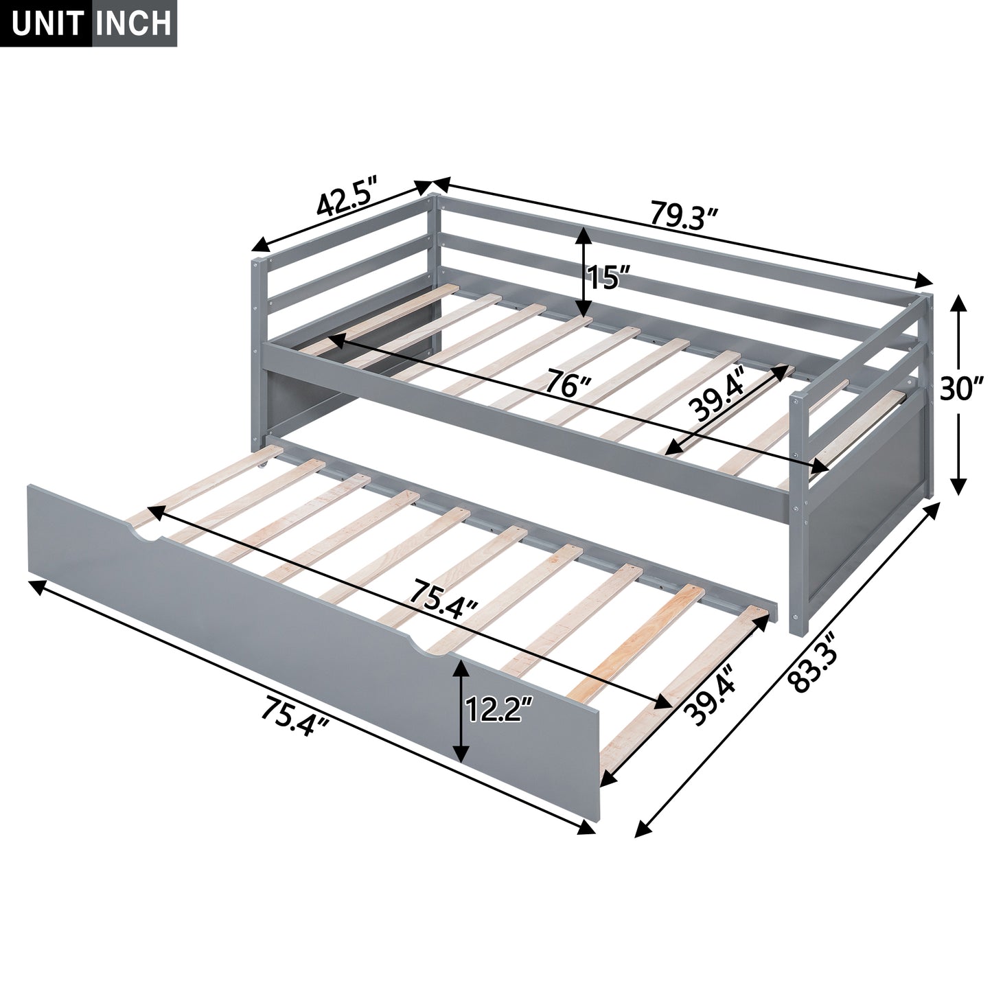 Zim Twin Size Daybed with Twin Size Trundle - Gray