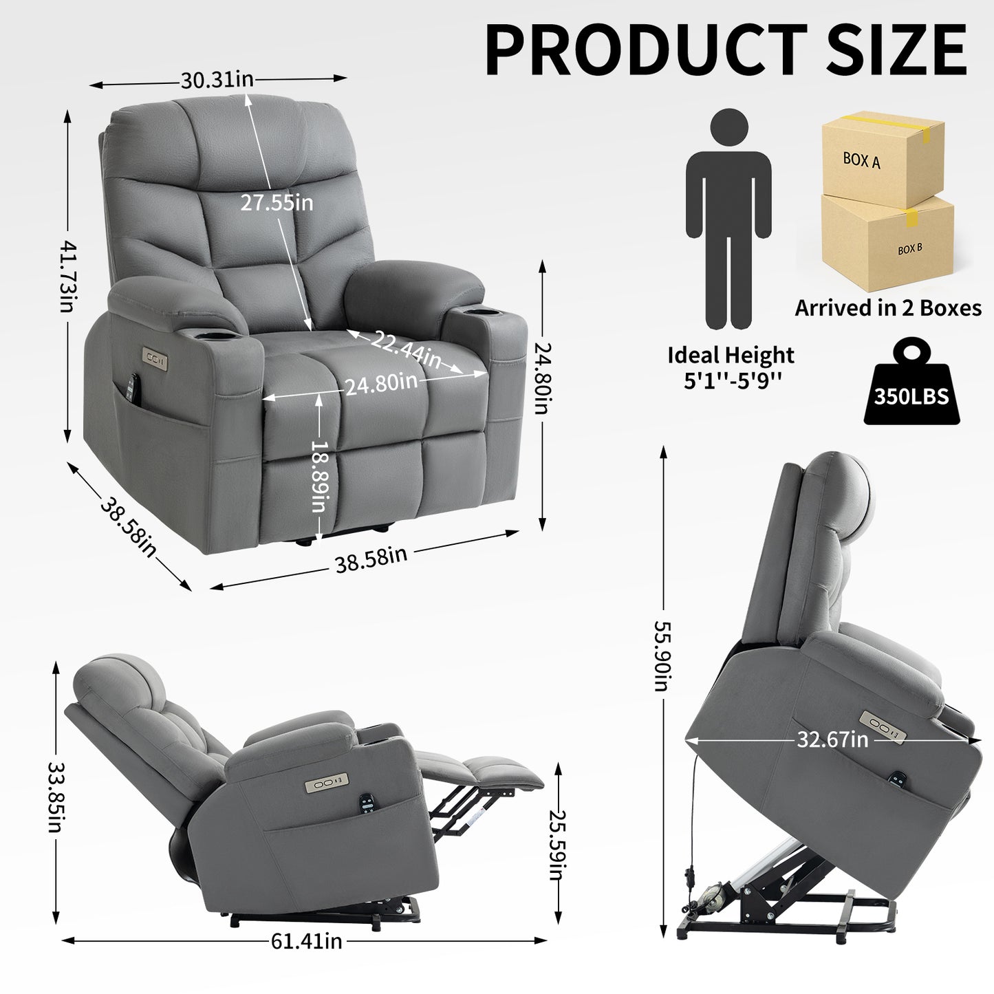 Okin II Power Lift Fabric Recliner Chair with Massage & Heat - Grey