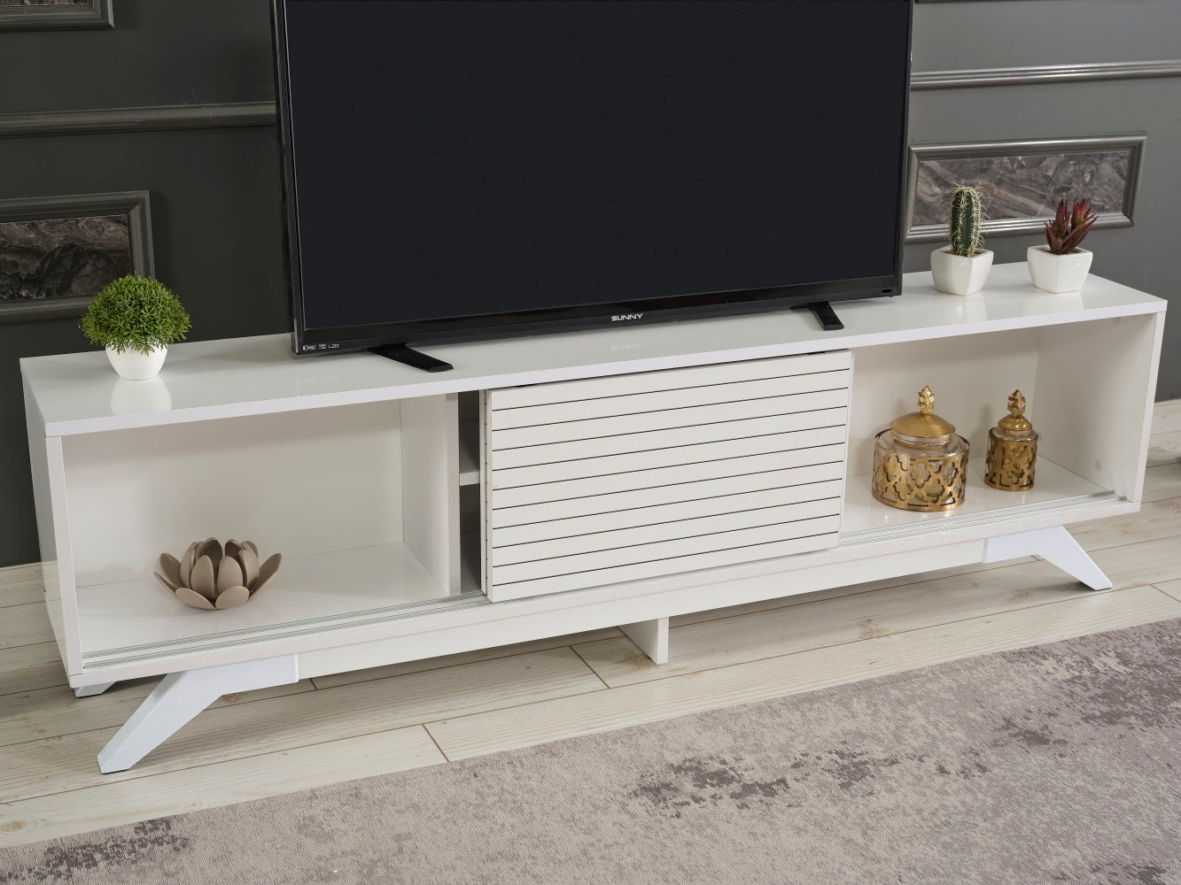 Luxia Mid Century Modern TV Stand 2 Sliding Door- White