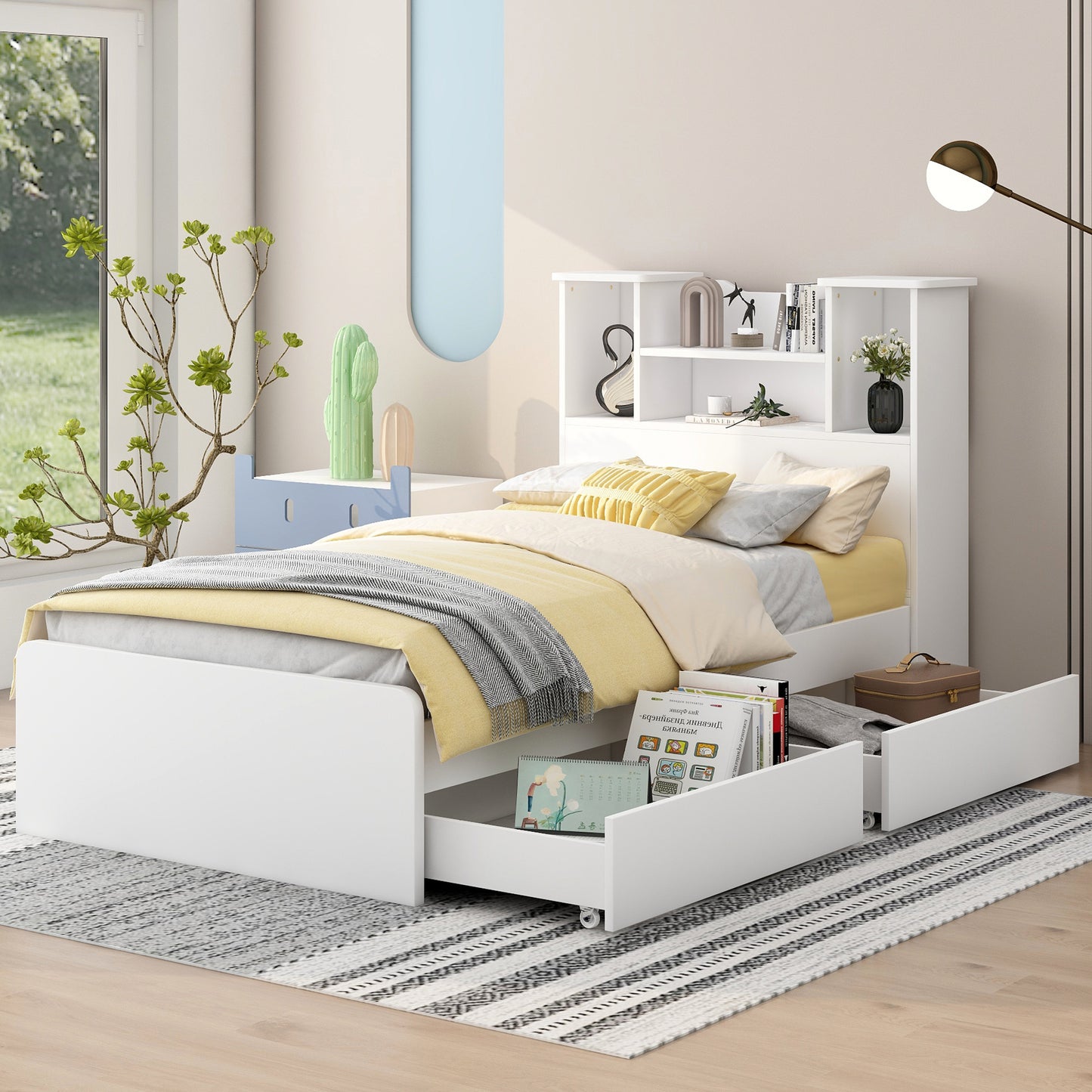 Taz Twin Size Platform Bed Frame with 4 Open Storage Shelves - White