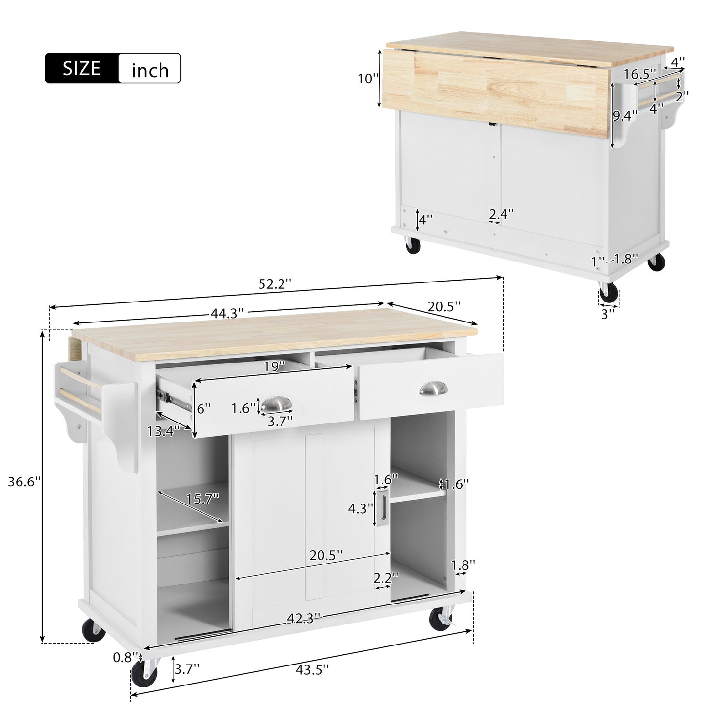 Culinary  Kitchen Cart with Countertop With Barn Door - White