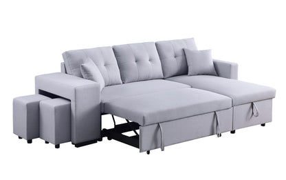 Dennis Fabric Reversible Sleeper Sectional with Storage Chaise and 2 Stools - Light Gray