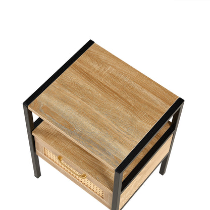 Rattan End table with  drawer Modern nightstand - Natural