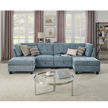 Molly Modular Sectional Sofa Two Single Chair ,Two Corner and Two Ottoman - Navy Blue