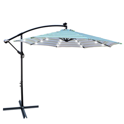 Alexa 10 ft Outdoor Umbrella Solar LED with Cross Base - Blue Striped