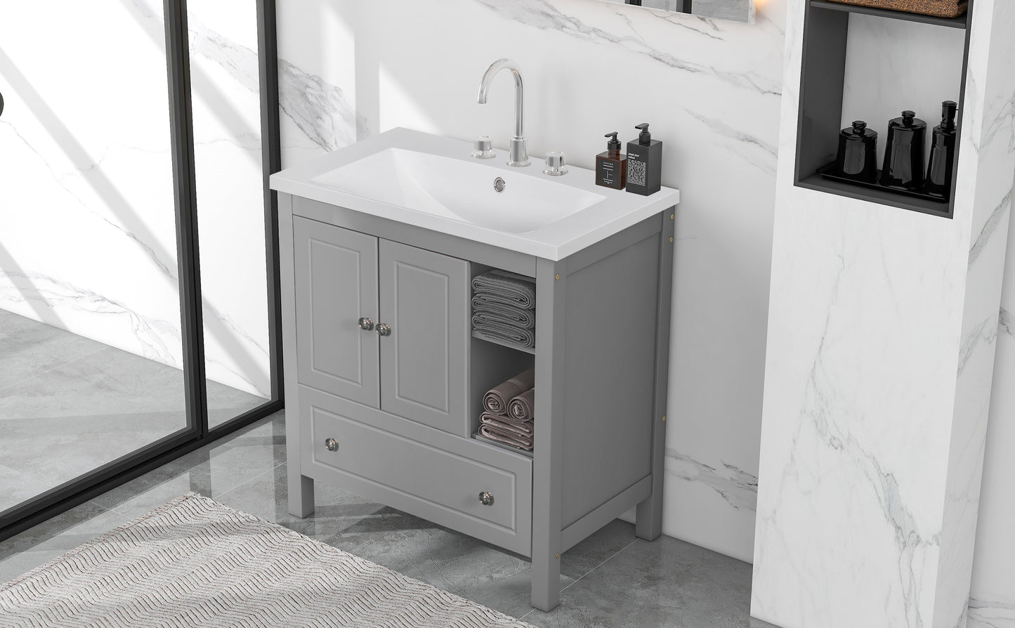 Wooden Bathroom Vanity with Ceramic Sink - Gray