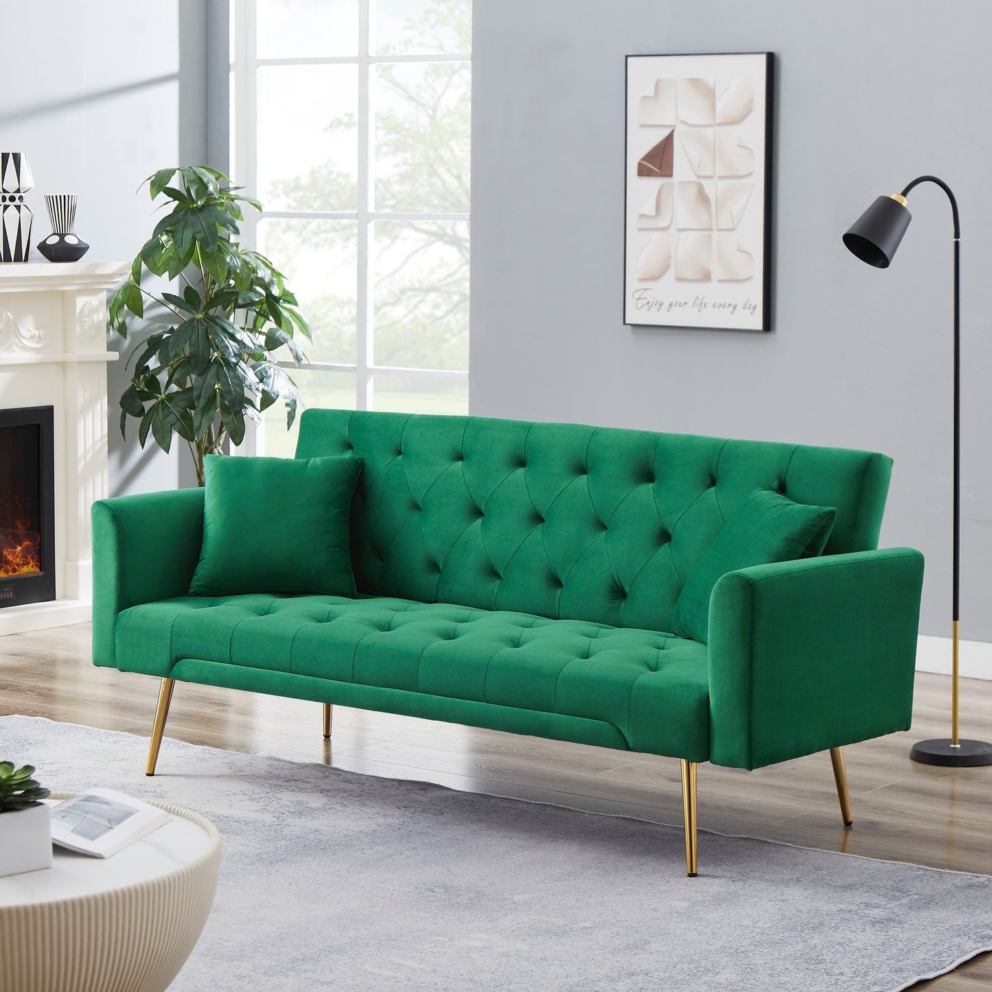 Kona Velvet Futon Sofa Bed with Metal Legs - Green