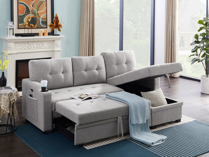 Mabel Linen Fabric Sleeper Sectional with cupholder, USB charging port and pocket - Light Gray