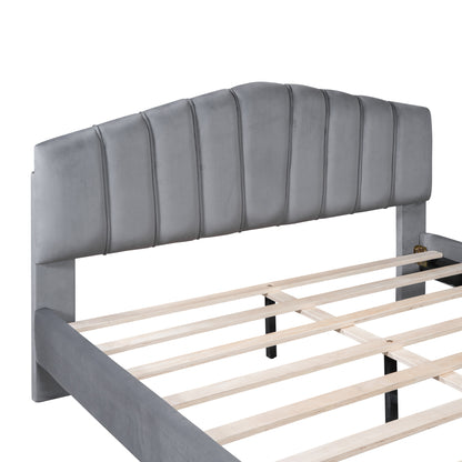 ZuZu Queen Size Velvet Platform Bed with Metal Bed Leg - Gray