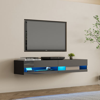 Metro Wall Mounted Floating 80" TV Stand with 20 Color LED - Black+Grey