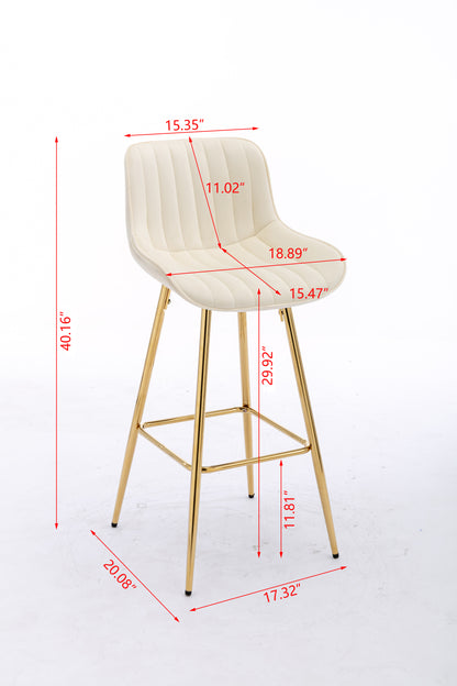 30 Inch Vista Bar Stools with Chrome Footrest  Velvet Fabric  Golden Leg - Cream  Set of 2