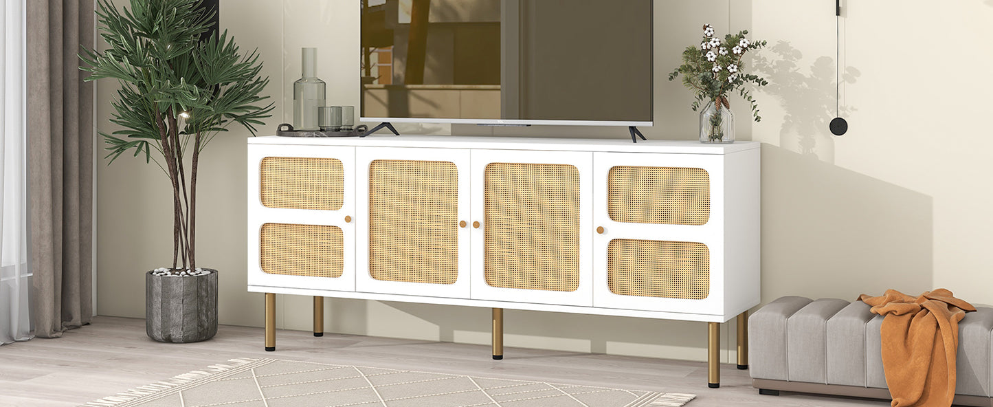 Boho style TV Stand with Rattan Door - White