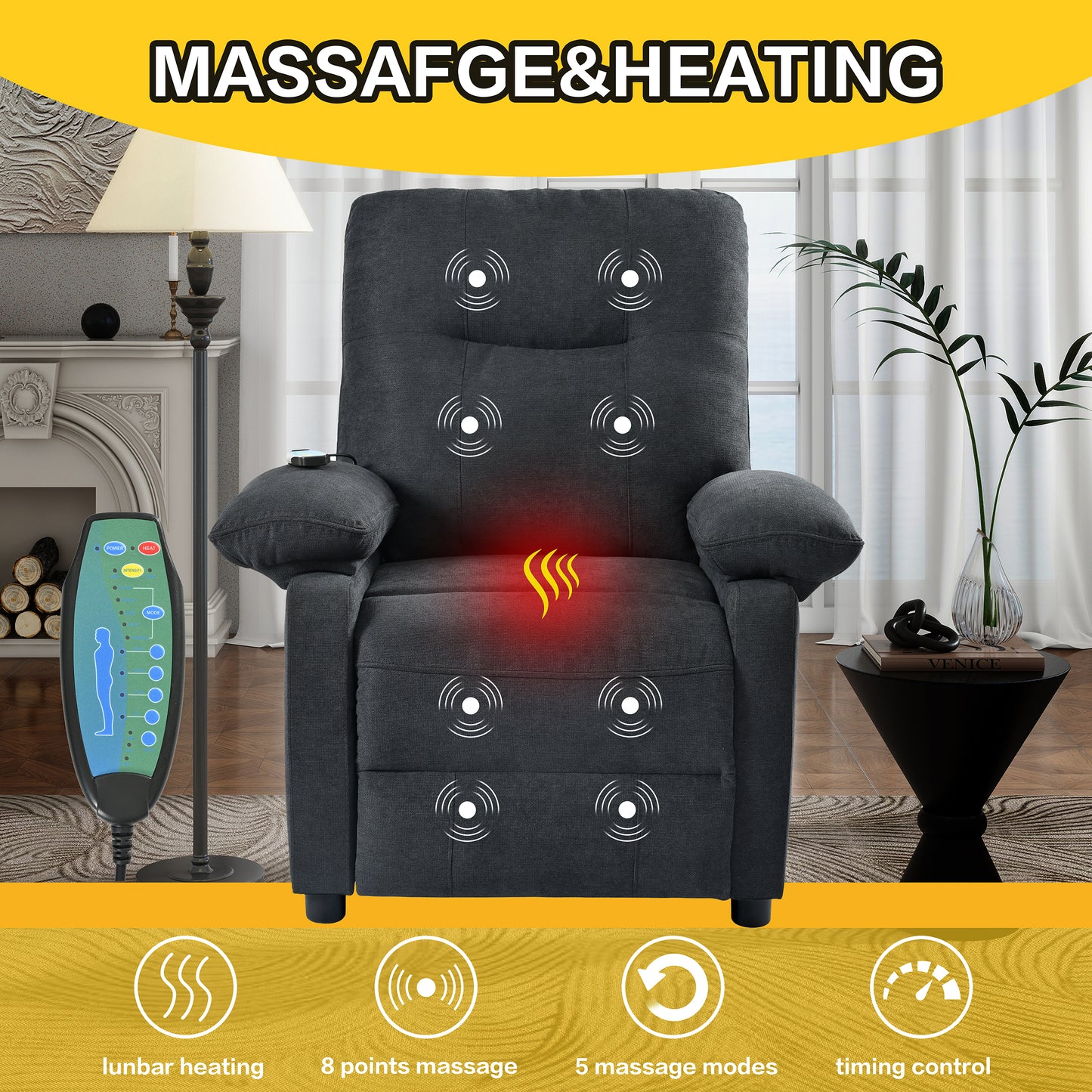 Aston Recliner Chair with Message and Heater - Black