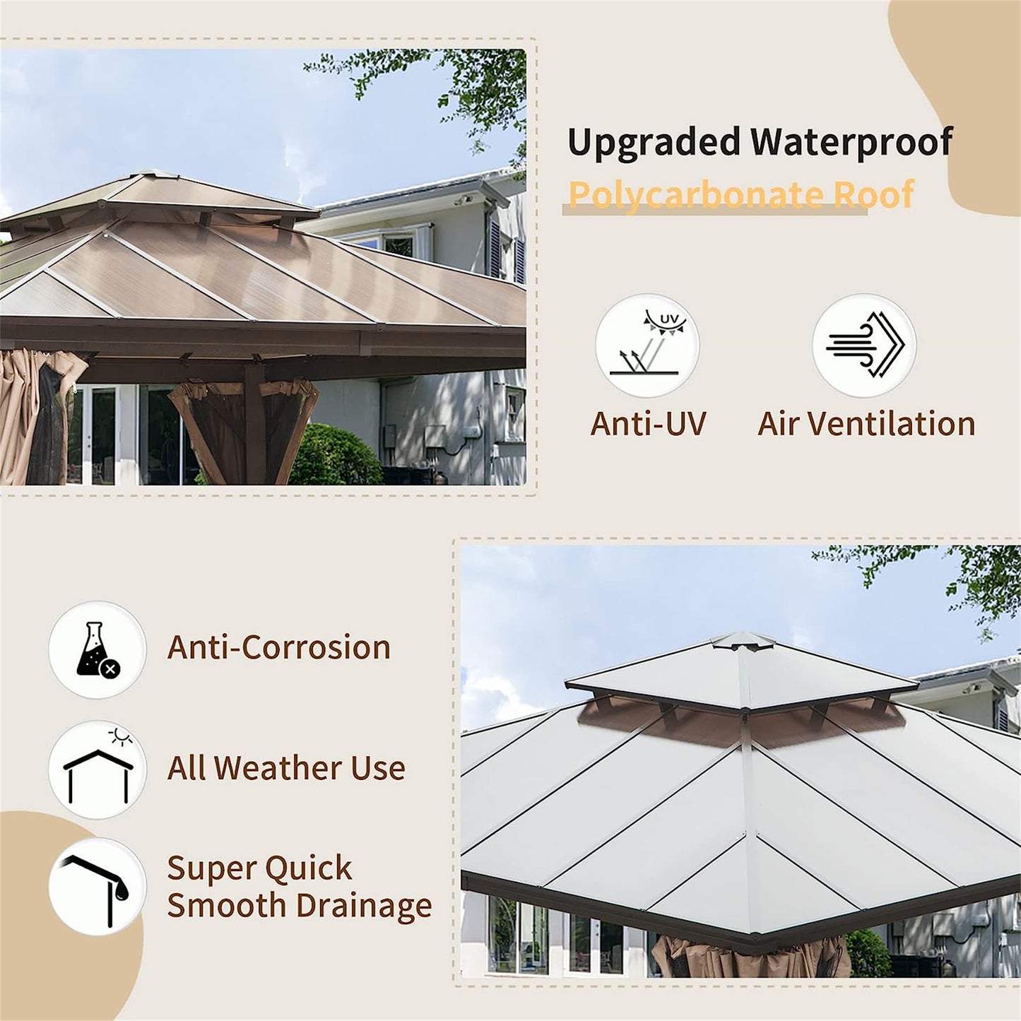 Newton 12 X 12 ft Outdoor Galvanized Steel Roof Gazebo - Brown