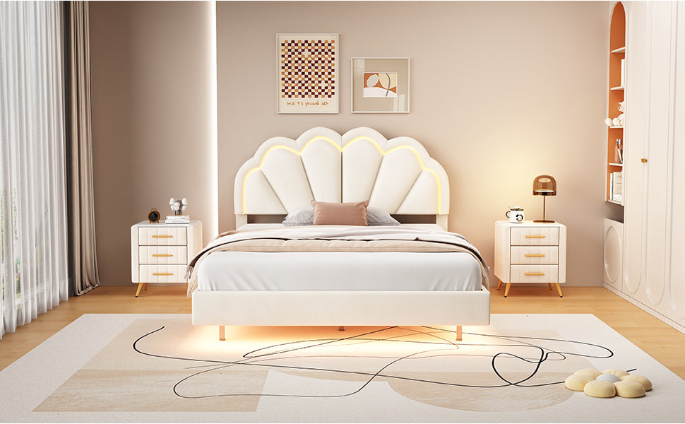 Atlantic Full Size Platform Bed Frame withe LED - Beige