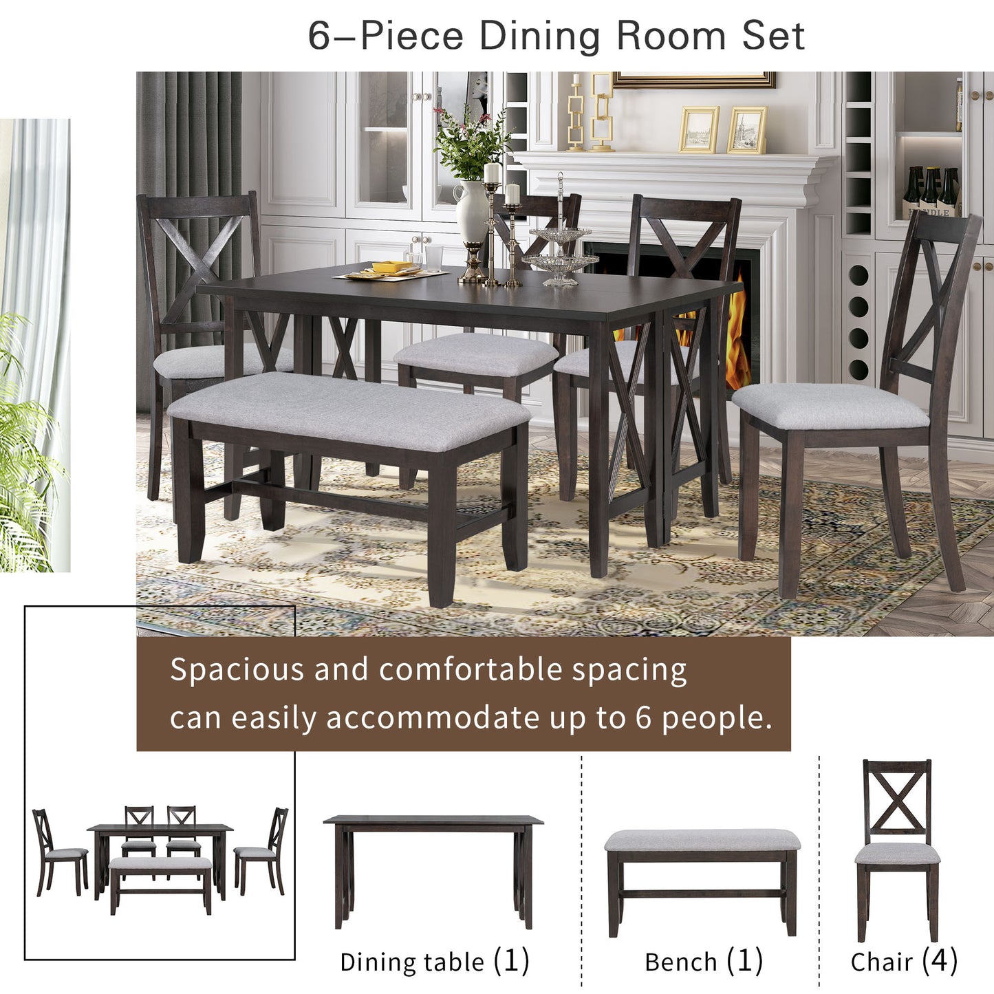 Stella 6pc Dining Set Solid Wood Table 4x Side Chairs And Bench - Espresso