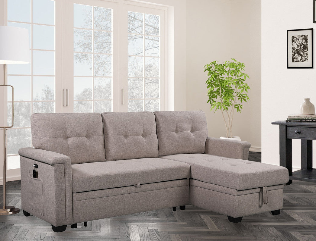 Nathan Reversible Sleeper Sectional Sofa with Storage and USB Charging Ports - Light Gray