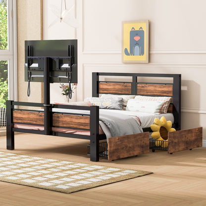 Rosy Twin Size Metal Platform Bed w Rotatable TV Stand - Black