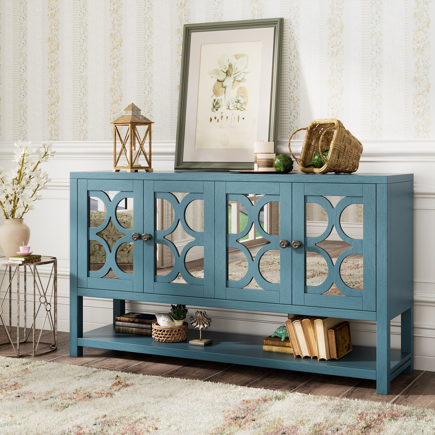 Stasia Sideboard Buffet with Mirrored Doors - Navy Blue