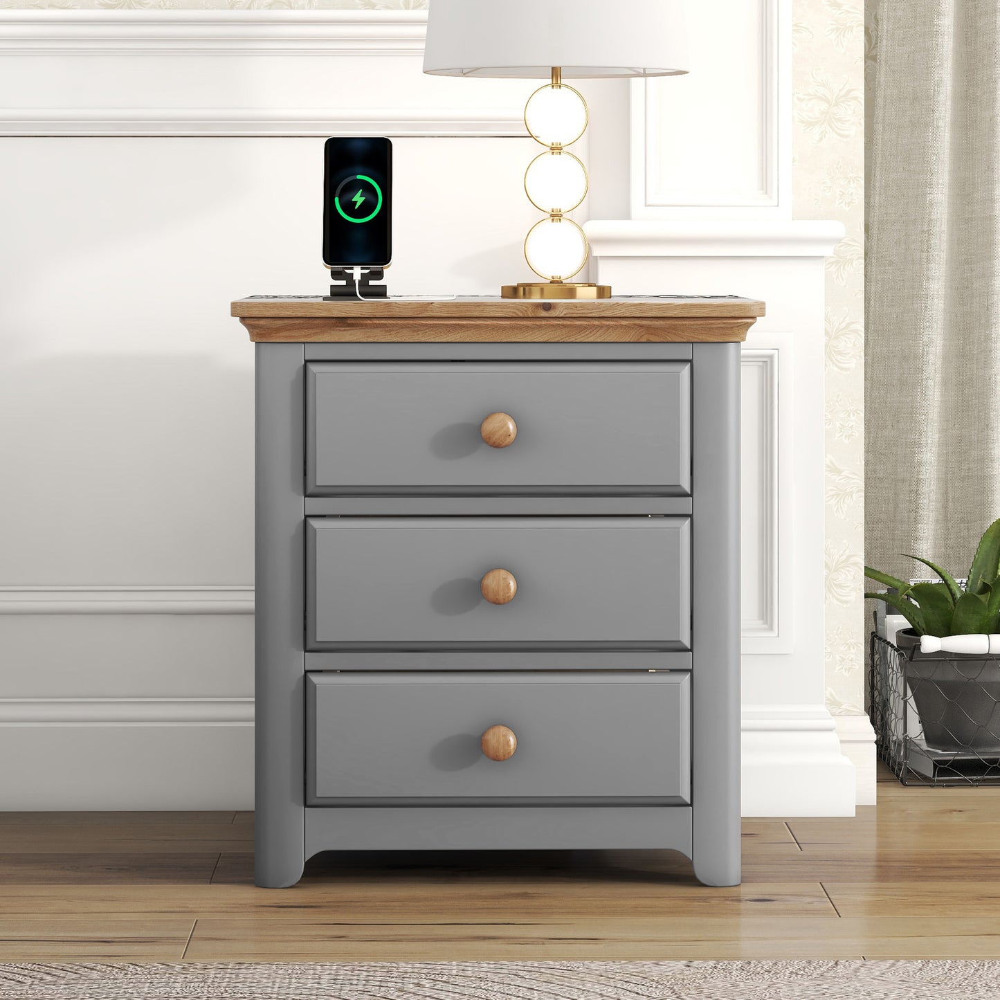 Aiko Wooden Nightstand with USB Charging Ports - Gray