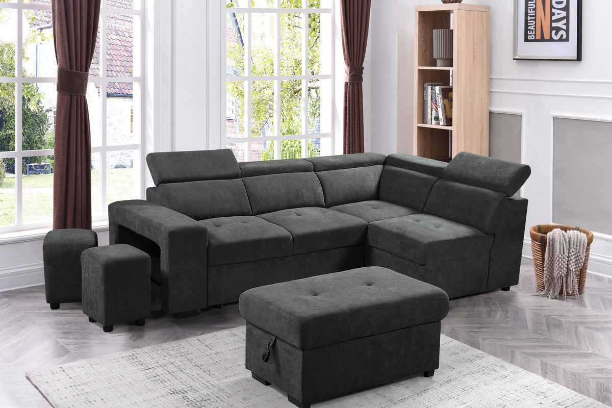 Henrik Sleeper Sectional Sofa with Storage Ottoman and 2 Stools - Dark Gray