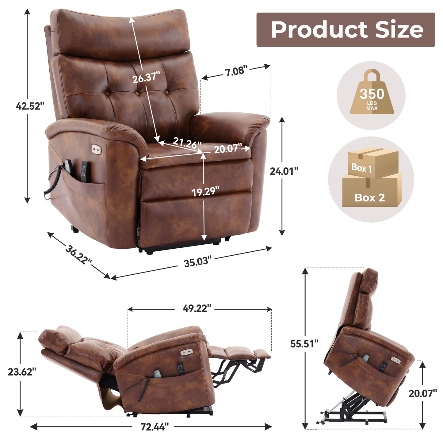 Wyatt Dual Motor Power Lift Recliner Chair - Caramel