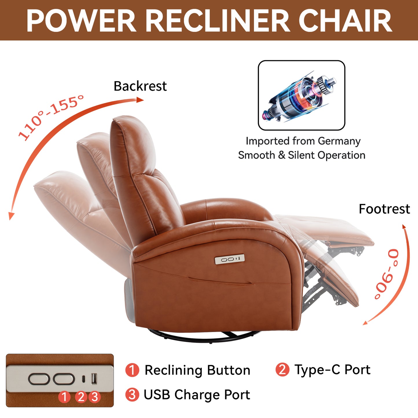 Vince Swivel and Rocker Power Recliner Chair - Brown