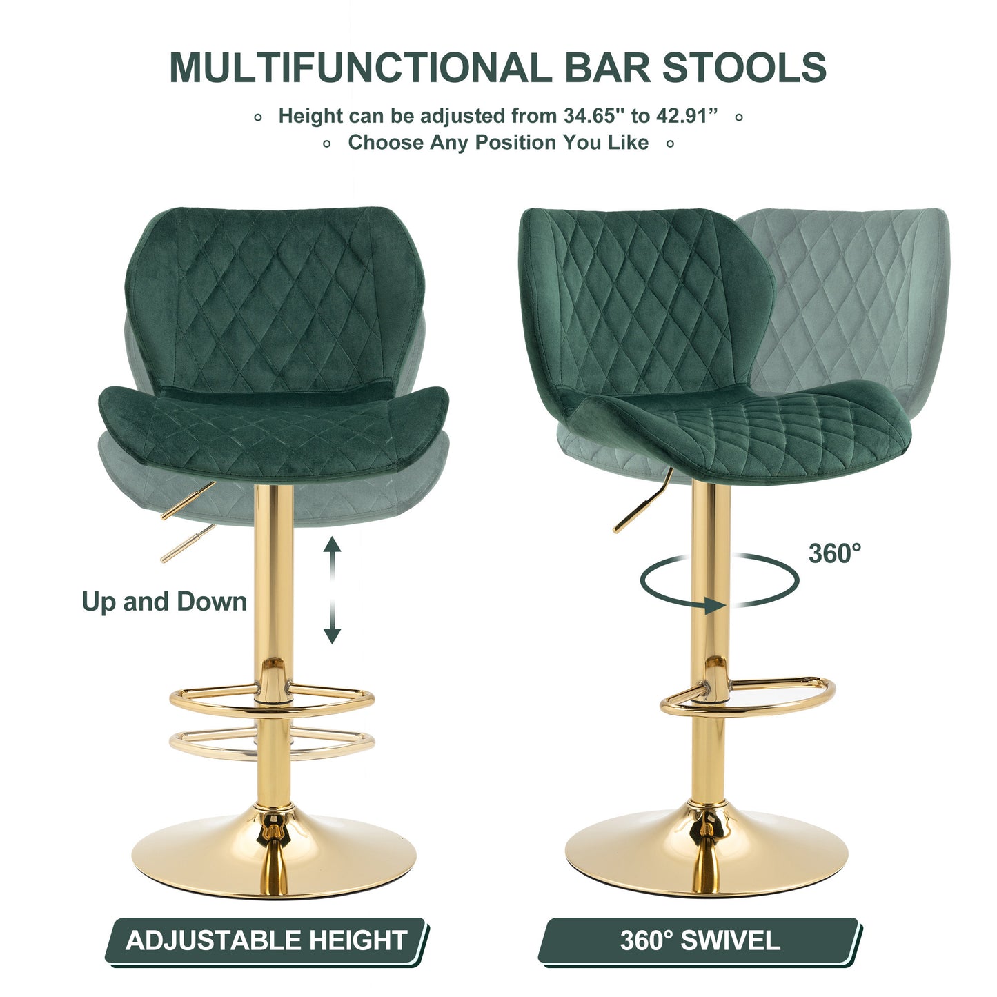 Beatrice Velvet Adjustable Swivel Bar Stool - Green Set of 2