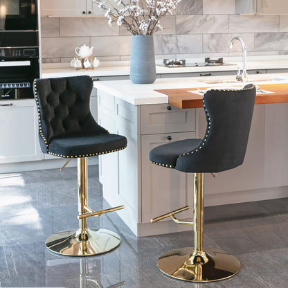 Stellar Golden Swivel Velvet Barstools Adjusatble Height - Black Set of 2