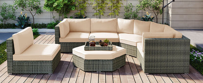 Keva 6 Pc Outdoor Rattan Wicker Half-Moon Sectional Sofa Set - Beige