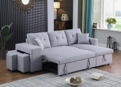 Dennis Fabric Reversible Sleeper Sectional with Storage Chaise and 2 Stools - Light Gray