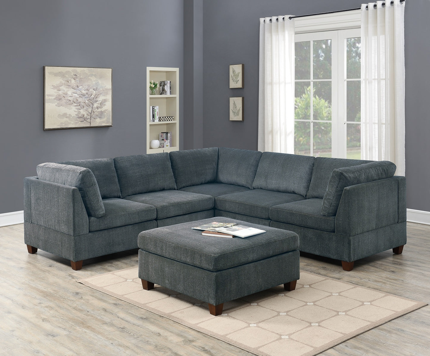 Verma Grey Chenille Modular Sectional 6pc Set 3x Corner Wedge 2x Armless Chairs and 1x Ottoman