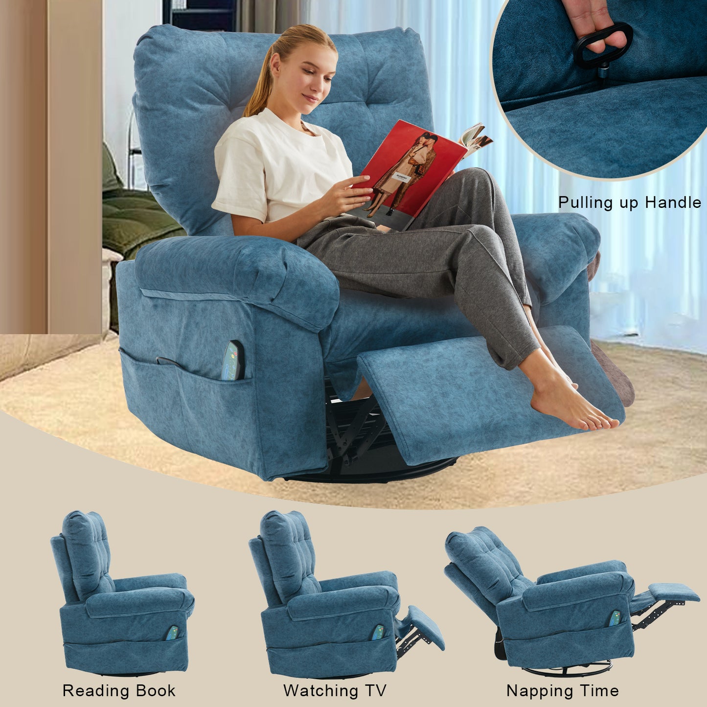 Aria Fabric Rocker Recliner Chair with Massage and Heat - Blue