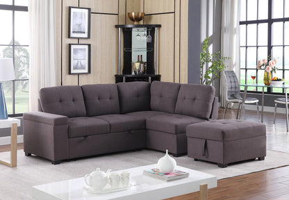 Katie Linen Sleeper Sectional Sofa with Storage Ottoman - Brown