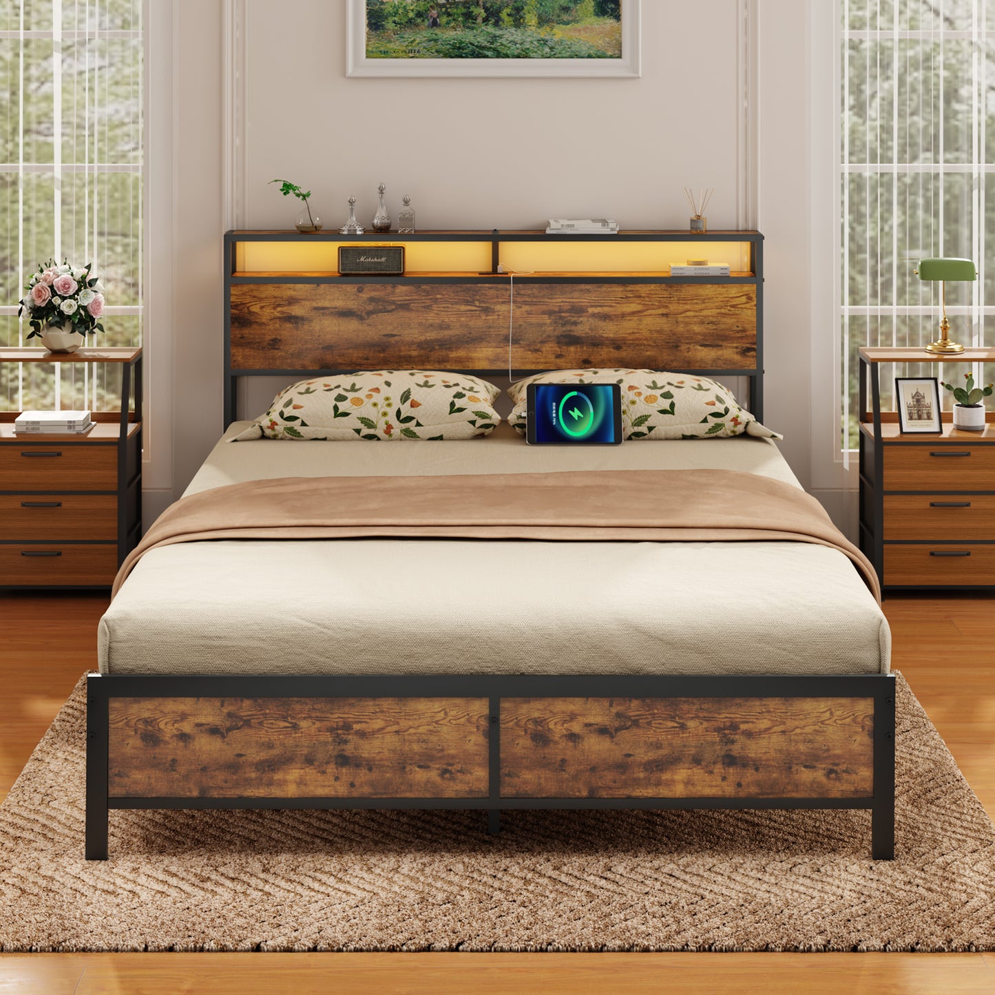 Nabi Queen Size Bed Frame with LED - Rustic Brown