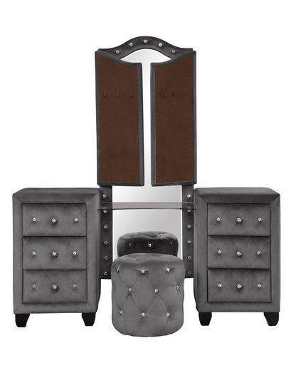 Selina Velvet 6-Drawer Makeup Vanity Set - Gray