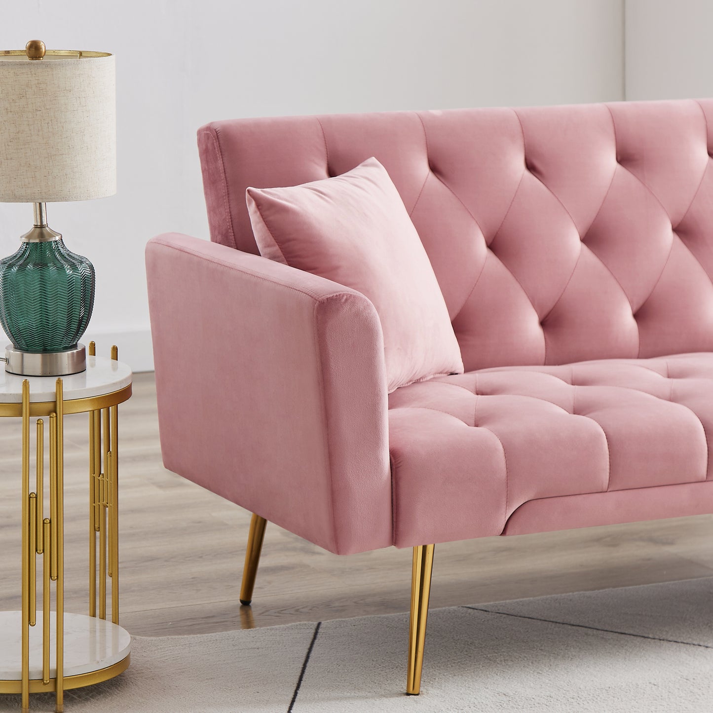 Kona Velvet Futon Sofa Bed with Metal Legs - Pink